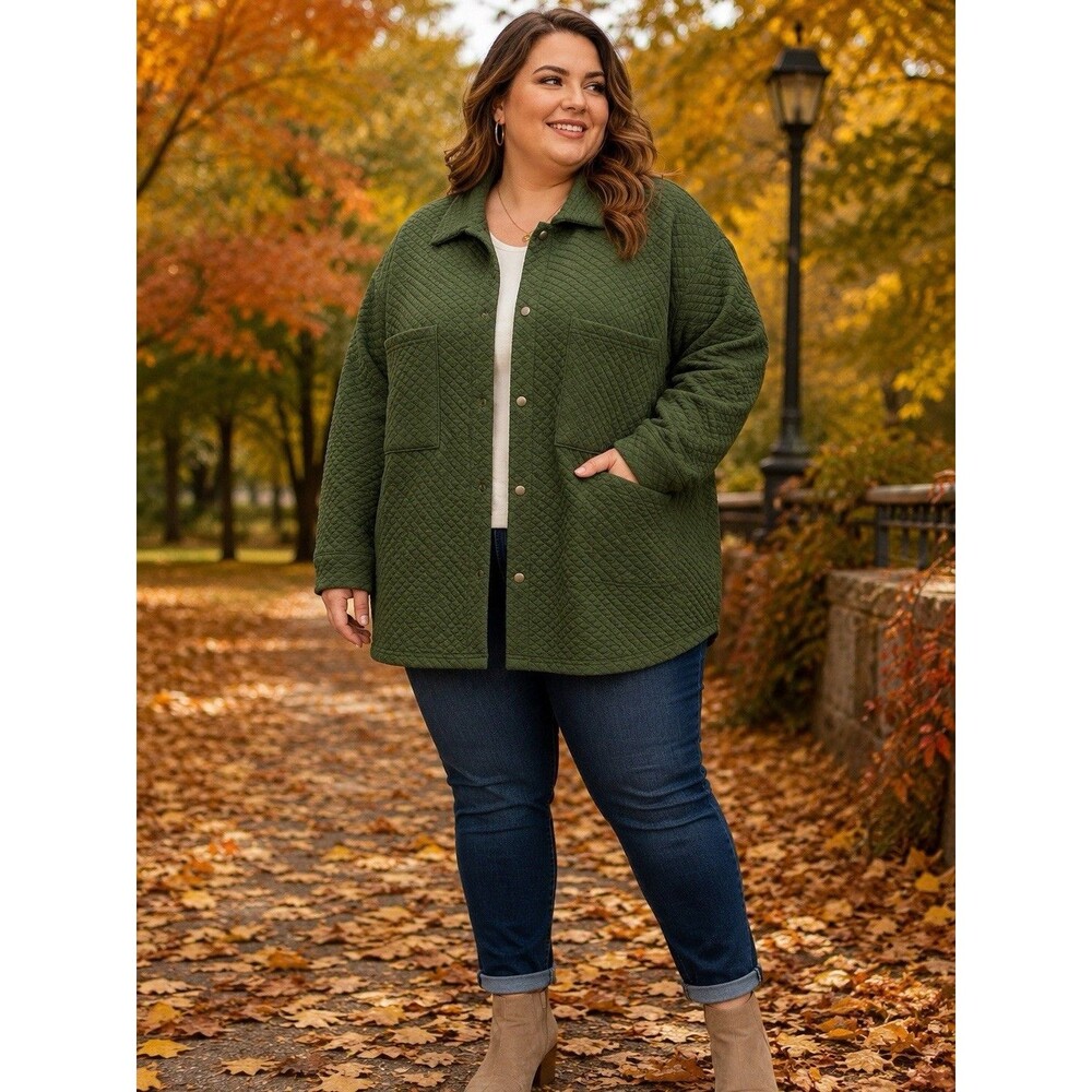 Muk Luks Womens 1X Green Quilted Snap Front Shacket Jacket NWT Plus Size Fall XL
